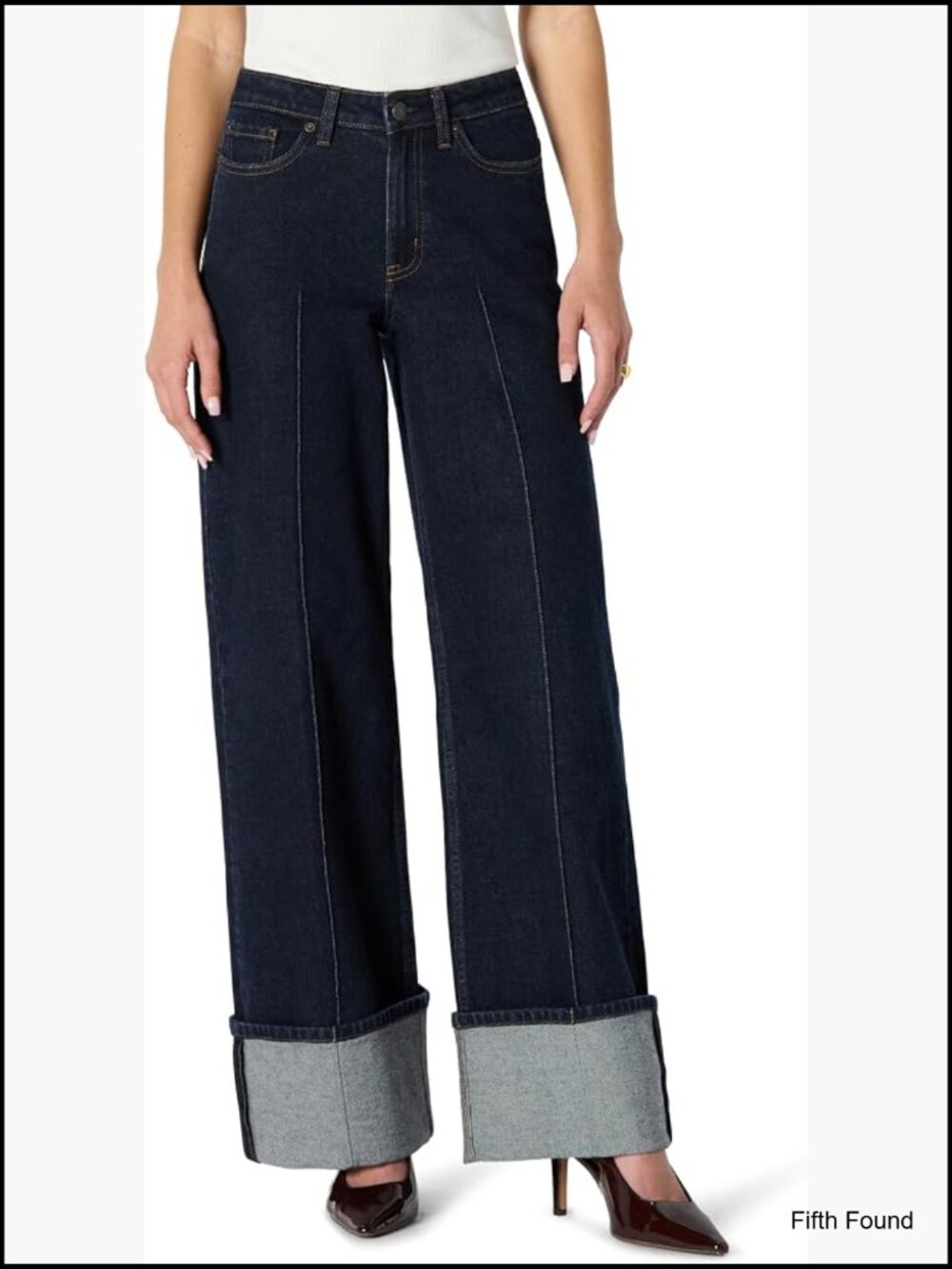 High-Rise Wide Leg Cuffed Jeans, Low Stretch Denim, Size Up